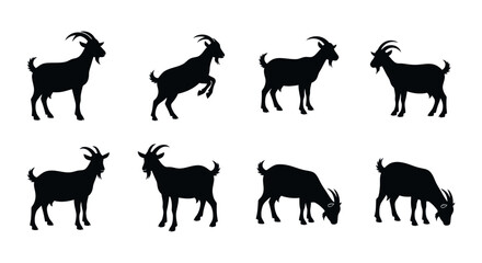 Fototapeta premium A collection of eight diverse goat silhouettes, showcasing various poses and actions of these domestic animals
