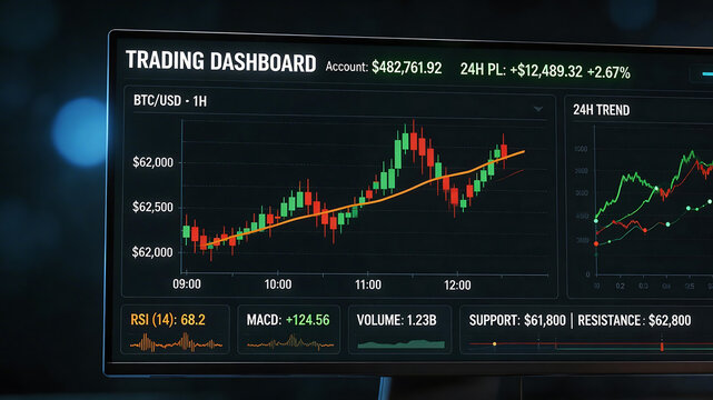 Cryptocurrency trading dashboard on screen emphasizing professional collaboration and teamwork