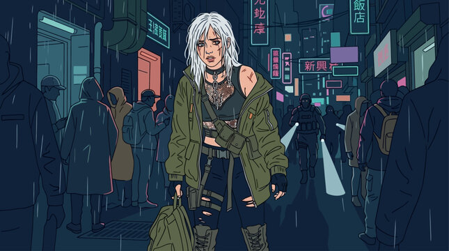 Fugitive in tactical gear running through neon-lit cyberpunk urban alley at night