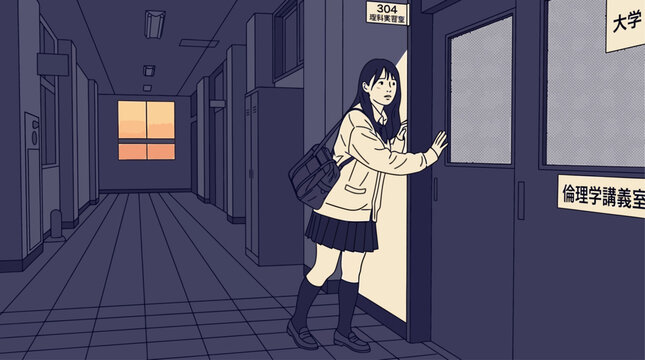 Female Student Knocking on Classroom Door in School Corridor with Lockers and Signs