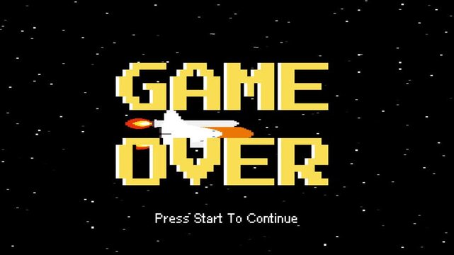 Retro pixel art 'Game Over' screen from an arcade game, featuring a spaceship and stars, symbolizing the end of a digital challenge and the option to continue playing