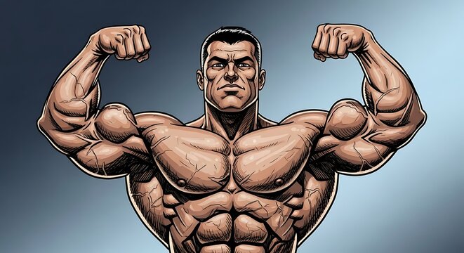 Muscular man flexing biceps in blue background.