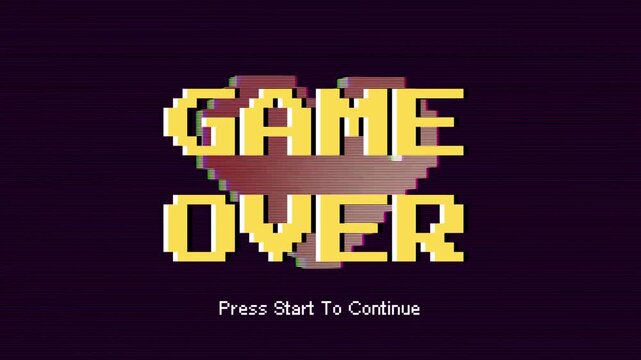 Classic pixel art 'Game Over' screen displaying retro video game typography and a call to action to continue, evoking vintage arcade aesthetics and the challenge of gameplay