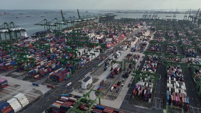 day time flight over singapore city one of the biggest container port terminal traffic bay aerial panorama 4k    