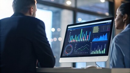 Fototapeta premium Two professionals analyze colorful data visualizations and charts on a desktop screen in a modern office setting.