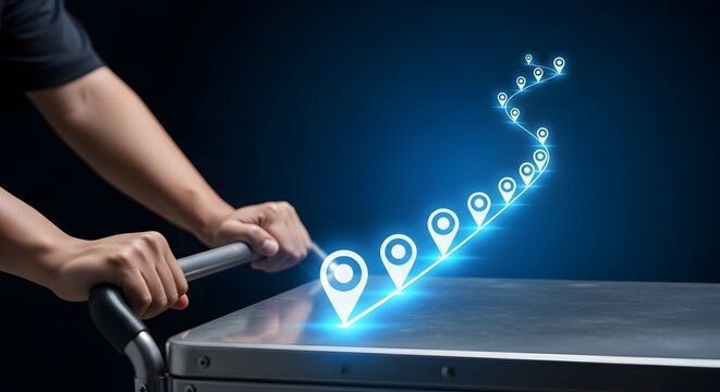 A person pushes a cart with a glowing path of location pins indicating a journey or progress, symbolizing navigation and planning