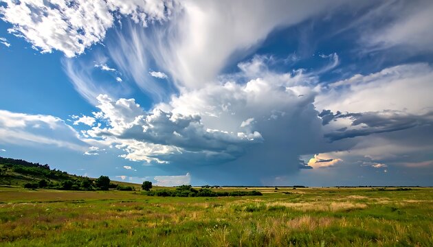 Dramatic stormy clouds over green landscape.