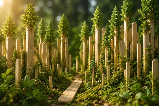 Miniature forest landscape made of wooden popsicle sticks, green moss, and small plants with warm sunlight bokeh