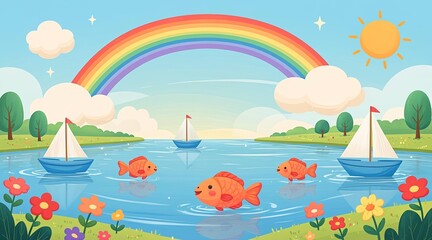 Fototapeta premium Colorful Illustration of Smiling Fish Swimming in a Sunny Lake with Sailboats and a Rainbow