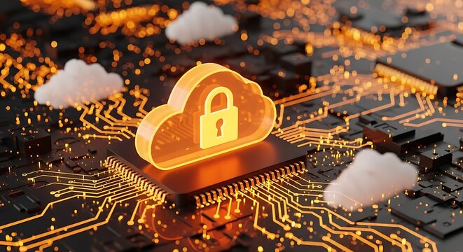 Data security concept with golden padlock inside glowing cloud on computer circuit board background security protection