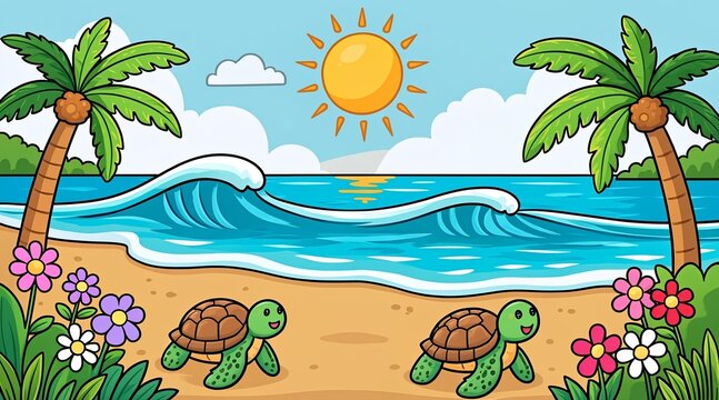 Cute Sea Turtles Walking on Sunny Tropical Beach with Palm Trees