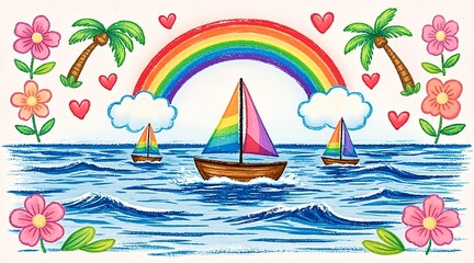 Fototapeta premium A Vibrant Rainbow Over The Sea With Sailing Boats And Tropical Palms