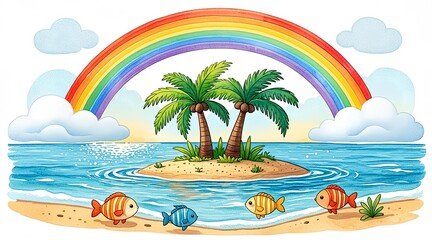 Fototapeta premium Vibrant Cartoon Island Paradise with Rainbow, Palm Trees, and Colorful Ocean Fish