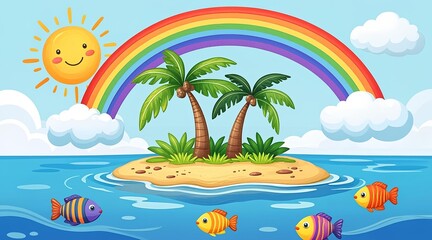 Fototapeta premium Whimsical Tropical Island Scene with Smiling Sun, Colorful Rainbow, and Playful Fish in the Ocean