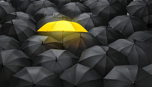 A single bright yellow umbrella stands out from a crowd of dark black umbrellas, symbolizing uniqueness and individuality, leadership, ideas, innovation, and standing out from the norm.