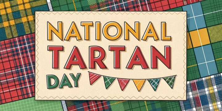 National Tartan Day banner with Scottish thistle flags and traditional tartan patterns