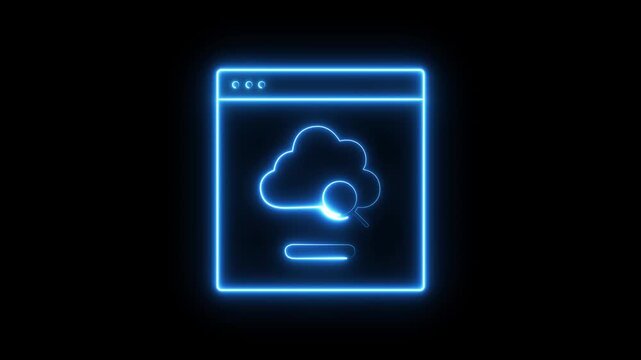 Glowing blue cloud storage icon animation on black background. Modern neon cloud computing, file transfer and data synchronization concept for technology projects.