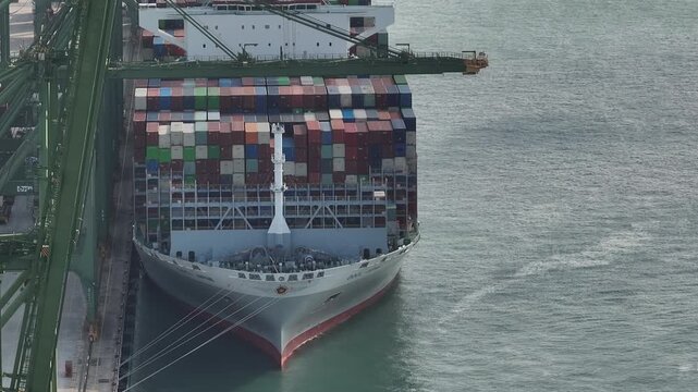day time singapore city port terminal container ship loading bay aerial panorama 4k    