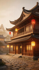 Obraz premium Traditional Asian building with lanterns highlighting environmental conservation and serenity