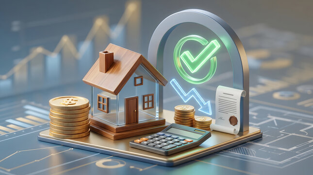 Real estate mortgage interest rate reduction and loan approval concept with 3D miniature house, calculator, coins, and green checkmark with declining arrow