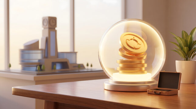 Long term financial savings and asset protection concept with 3D gold coins with clock symbol inside glowing glass globe next to miniature briefcase on wooden table