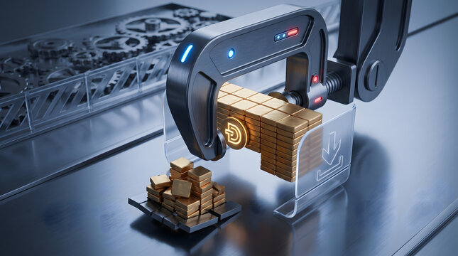 Financial tightening and economic pressure concept with 3D industrial caliper squeezing gold bars on conveyor belt with downward arrow icon