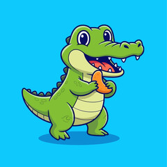 Fototapeta premium Cute cartoon alligator holding a piece of food.