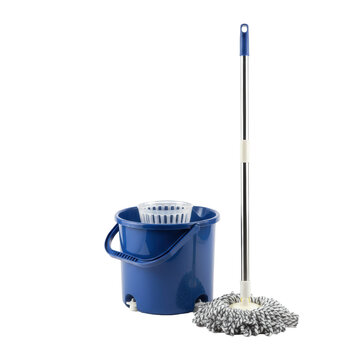 Pristine blue spin mop bucket, wringer, stainless steel telescopic handle, fluffy white microfiber mop head, isolated on transparent background, professional hygiene concept.