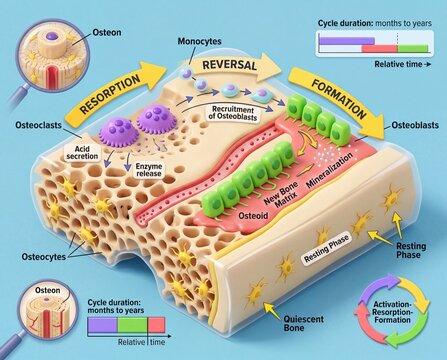 Scientific illustration of the bone remodeling cycle showing resorption, reversal, and formation stages