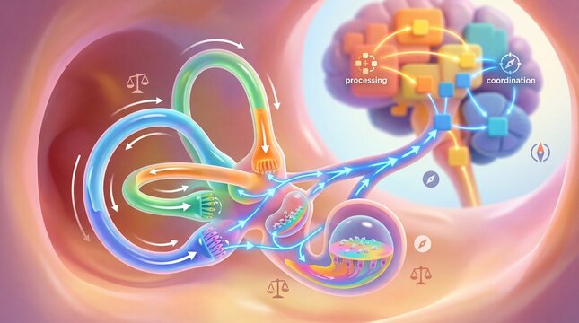 Anatomical Illustration of the Inner Ear Vestibular System and Brain Connection Showing Balance and Sensory Processing