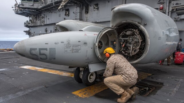 Naval aircraft mechanic performing engine maintenance on carrier deck with aircraft wing folded