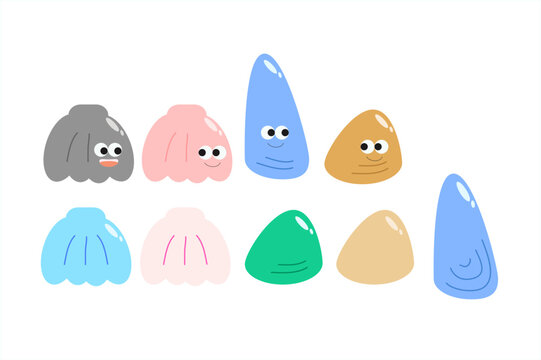 Colorful sea shell graphic elements collection with funny faces
