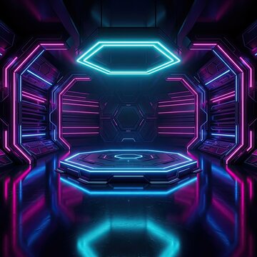 Futuristic hexagonal neon room with central product platform stage.