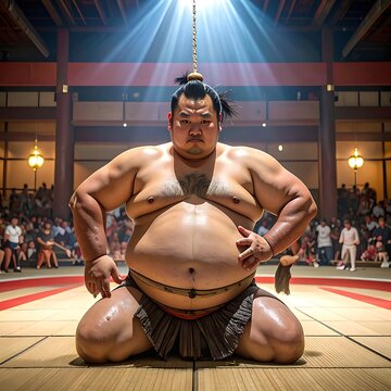 Sumo wrestler in traditional dohyo arena.