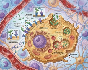 Naklejka premium Detailed scientific illustration of a macrophage in action, showcasing the intricate cellular mechanisms of the immune system's defense against bacterial invasion