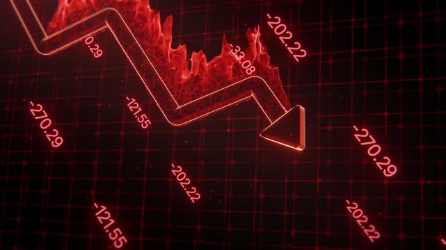 red line graph financial market crash with negative trend symbols. Suitable for financial articles, presentations, and reports.