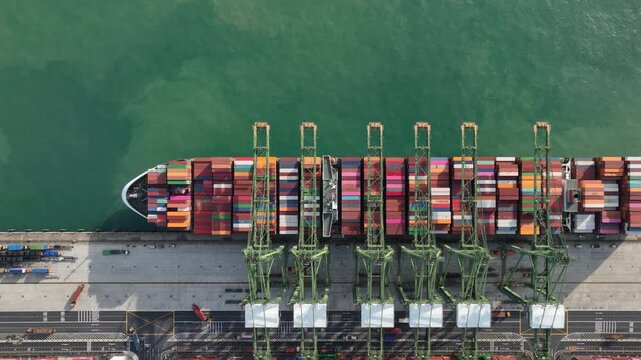 day time singapore city port terminal container ship loading process bay aerial topdown panorama 4k    