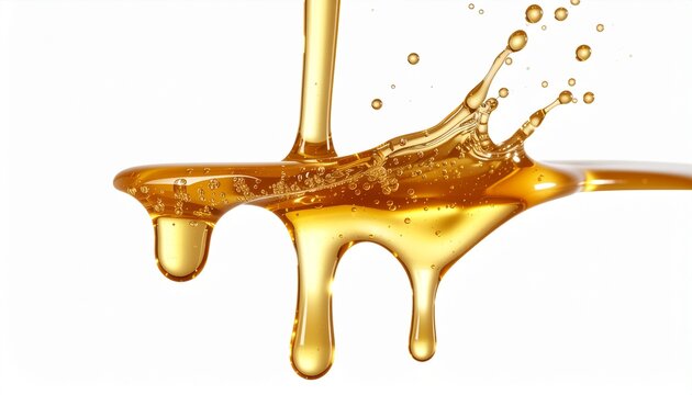Golden liquid splashing and dripping downwards in a studio