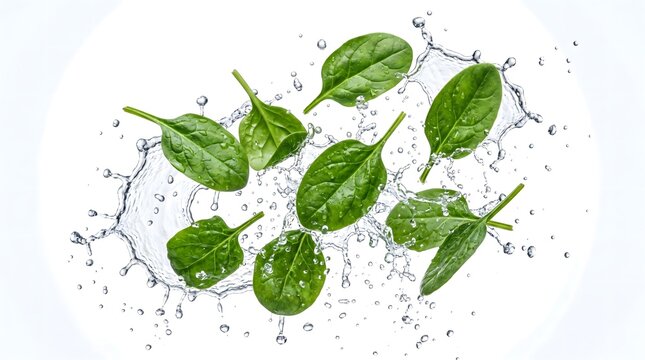 Dynamic Splash of Fresh Vegetable and Vibrant Spinach Leafes Captured in Refreshing Mid-Air Motion, Symbolizing Wholesome Nutrition and Natural Energy