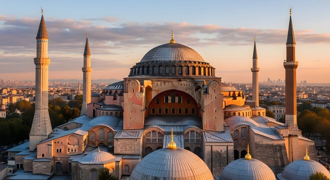 Majestic Hagia Sophia Mosque illuminated by warm golden sunlight during a tranquil dawn showcasing its iconic domes and minarets against a hazy cityscape in Istanbul Turkey a historical