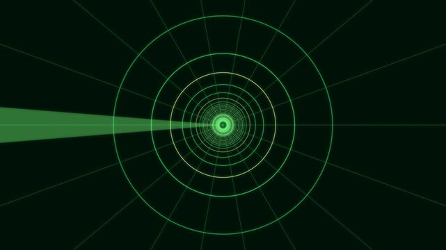Green radar screen with rotating sweep line and concentric circles