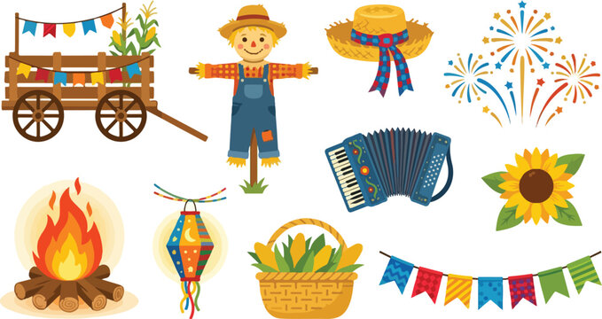 Traditional brazilian june festival celebration icons and elements