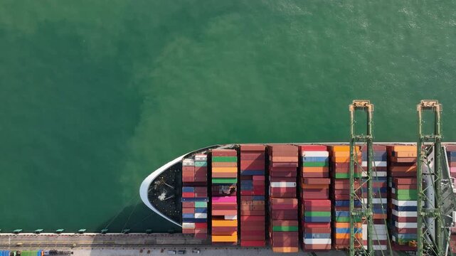 sunny day singapore city port terminal colorful container ship dock bay aerial topdown panorama 4k    