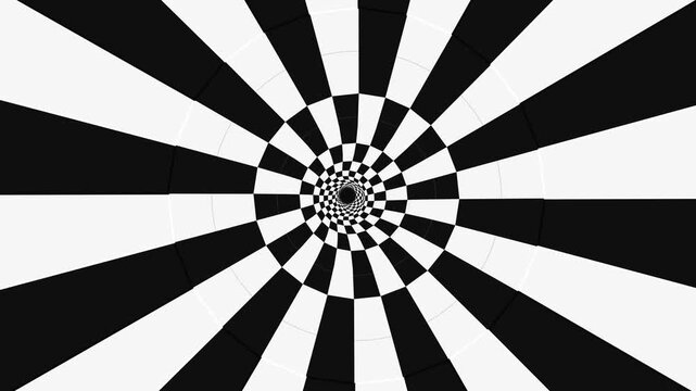 Hypnotic black and white checkered tunnel optical illusion