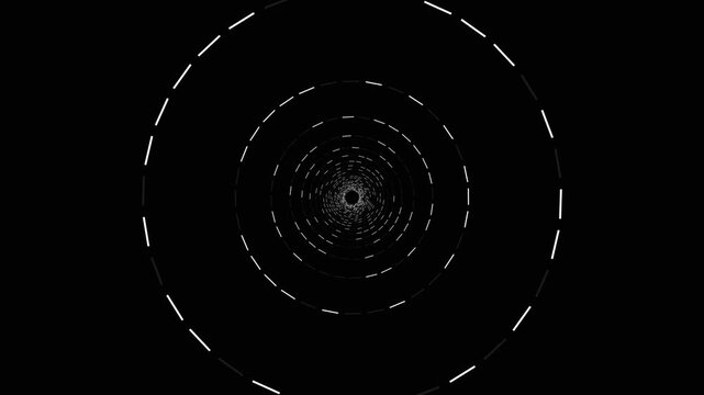 Minimalist dashed circle tunnel animation on black background