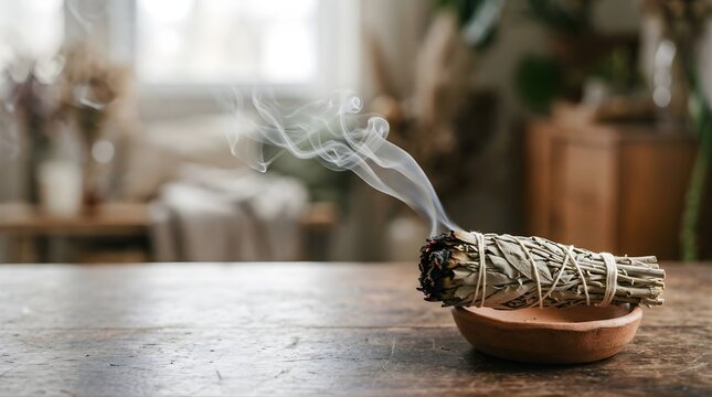 Burning sage smudge stick in a ceramic bowl for spiritual cleansing
