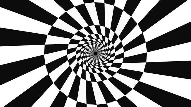 Hypnotic black and white checkerboard spiral tunnel background
