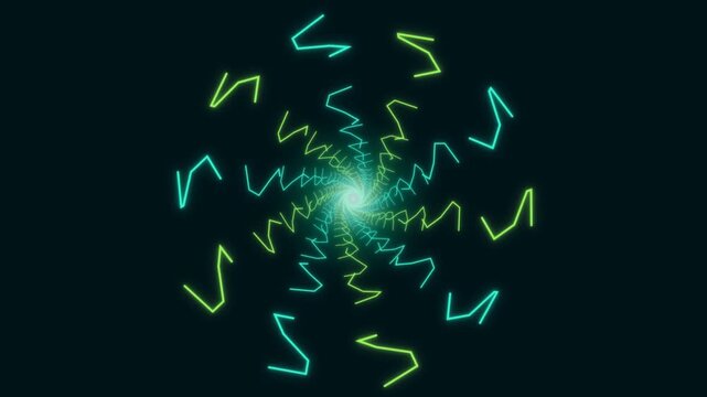 Glowing neon spiral tunnel of green and cyan zig zag lines