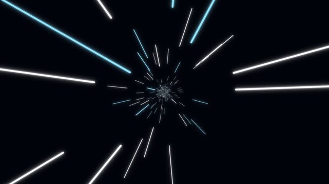 Glowing blue and white light streaks zooming in hyperspace