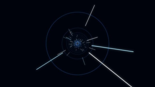 Sci-fi hyperspace tunnel with glowing blue rings and light streaks